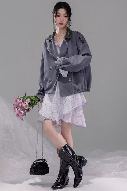 Ink Gray Leather Patchwork Jacket