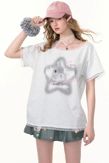 Star Rabbit Lace Short Sleeve T-shirt