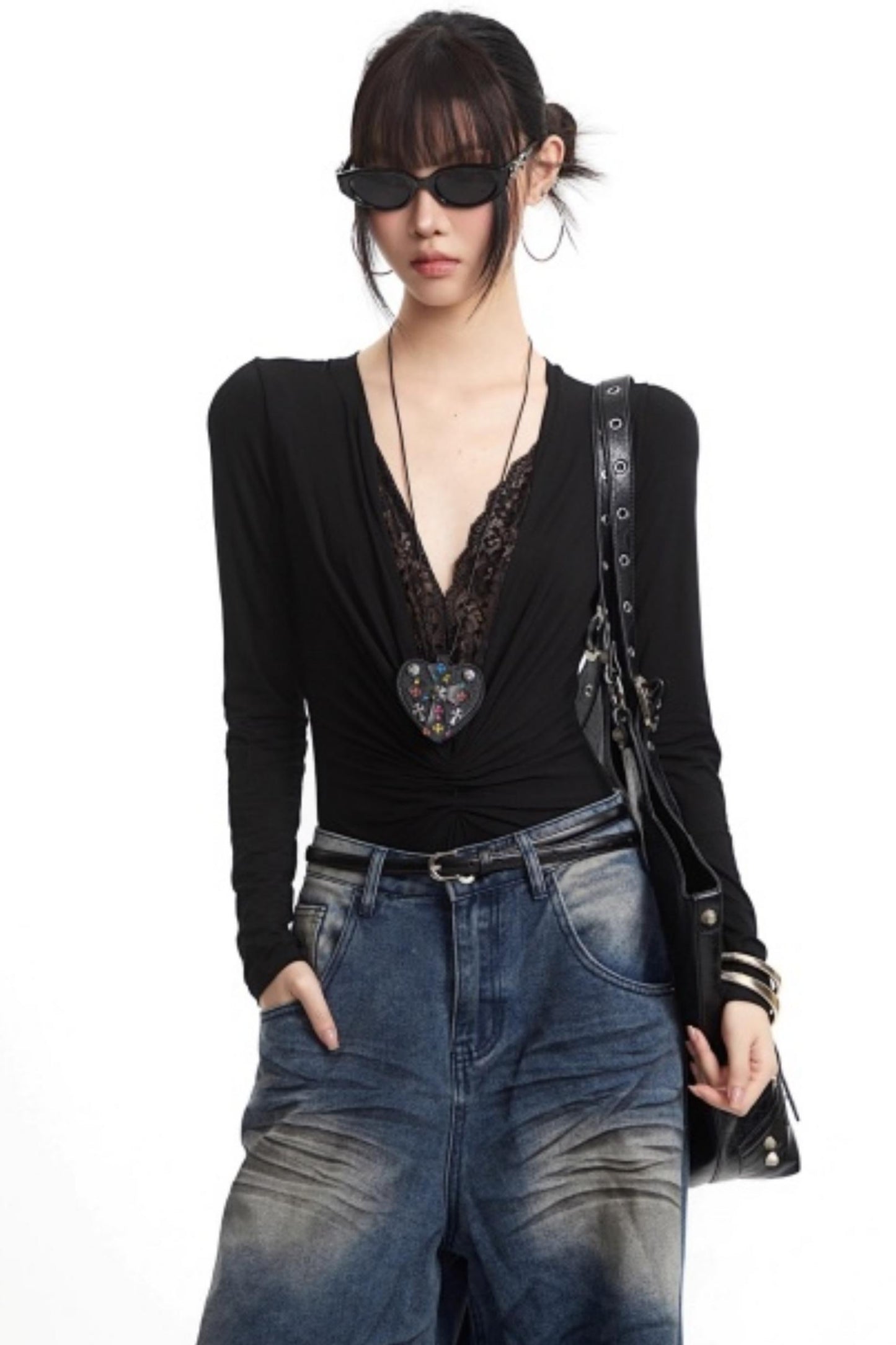 Lace Splicing V-Neck Top