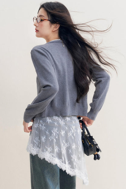 Lazy Grey Flower Knitted Cardigan