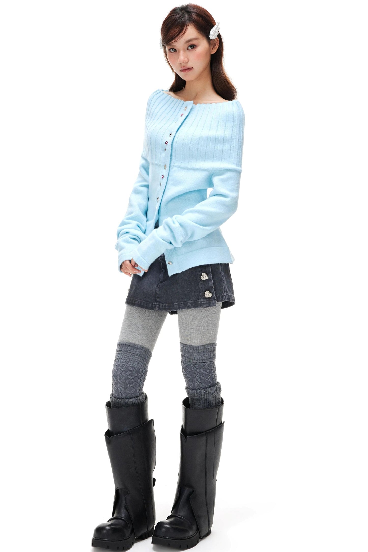 Colorful Button Off-Shoulder Knit Sweater