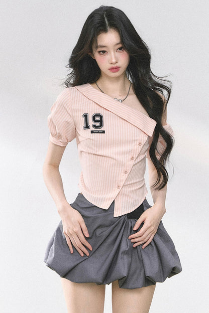 Pink Off Shoulder Stripe T-Shirt