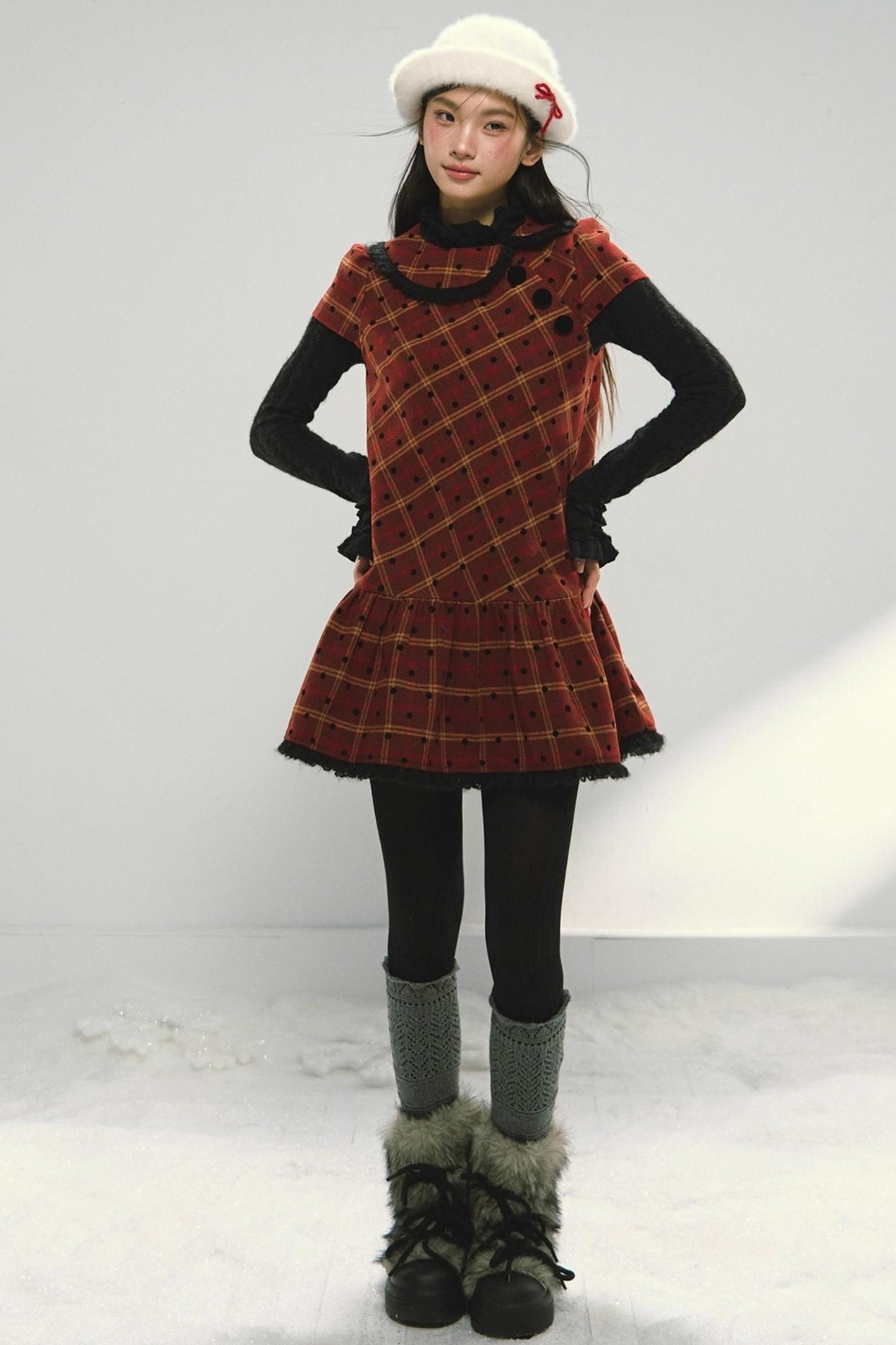 Christmas Doll Collar Tweed Dress Set-Up