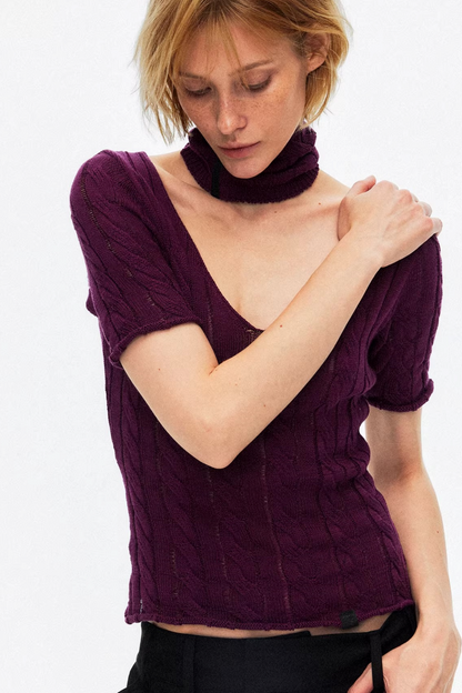 Hollow-Out Knit V-Neck Top