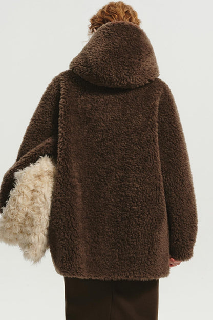 Hooded Horn-Button Full Wool Fur Jacket