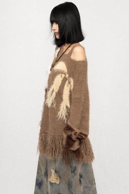 Off-The-Shoulder Fringed Knit Top