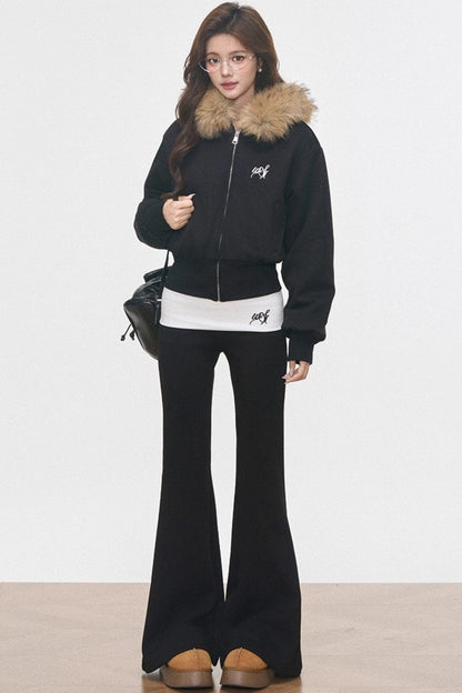 Fur Collar Sweatshirt Jacket Set-Up