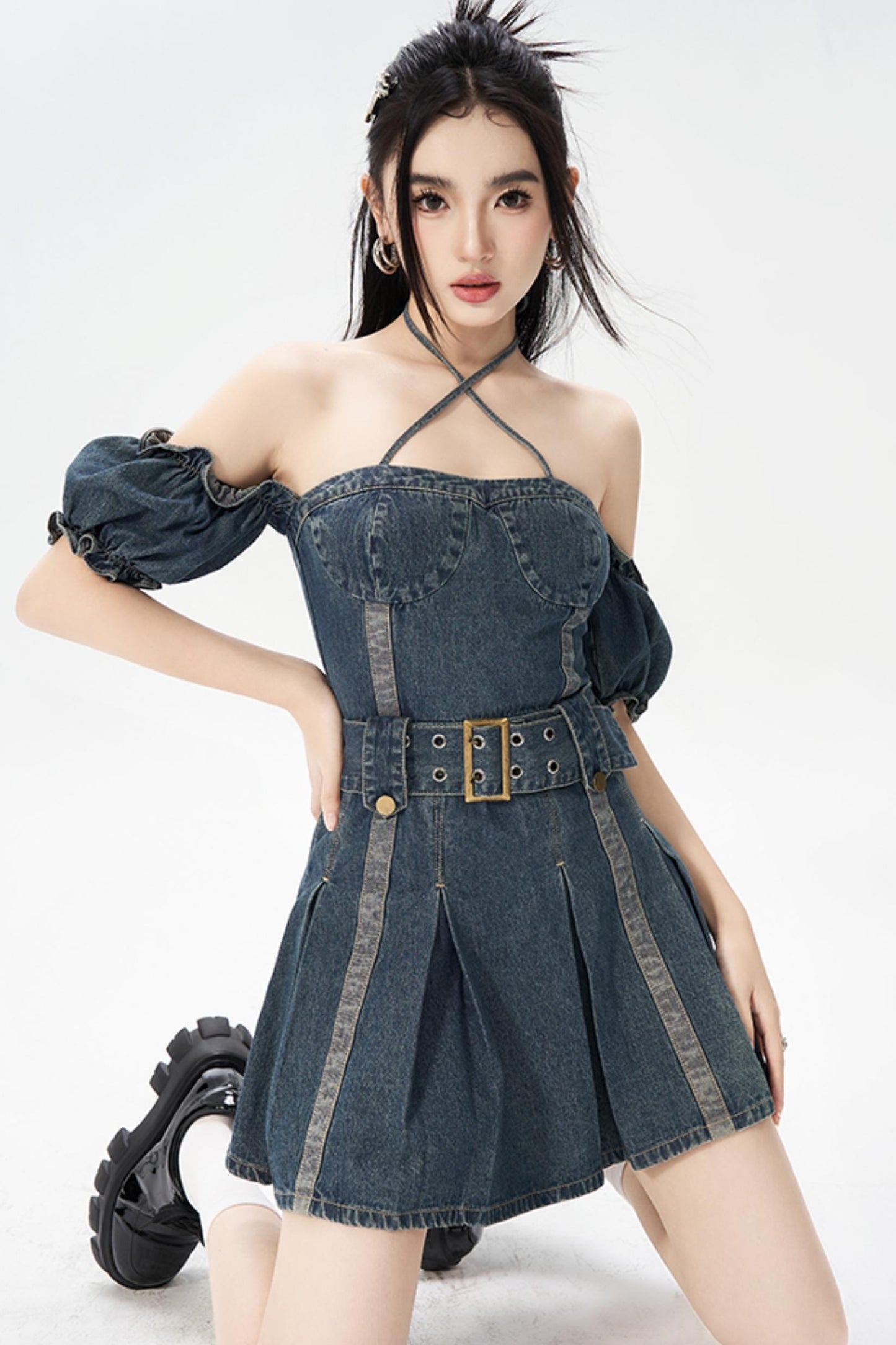 Vintage One-Shoulder Bubble Sleeves Denim Dress