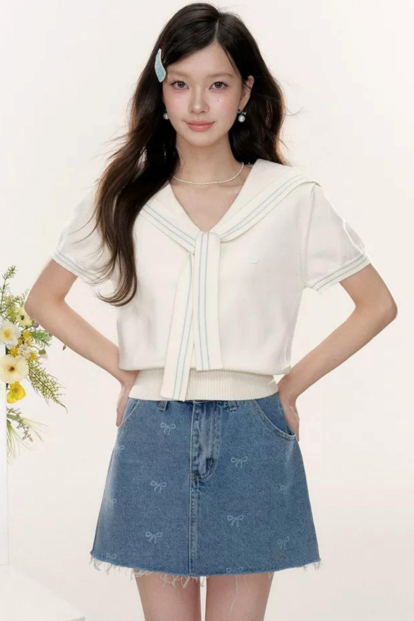 Sweet Sailor Collar Knit Top Set-Up