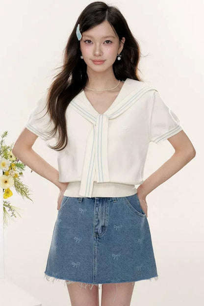 Sweet Sailor Collar Knit Top Set-Up