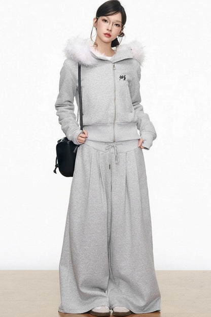 Plush Knitted Zipper Sweatshirt Set-Up