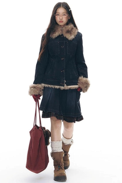 Detachable Fur Collar Denim Jacket Set-Up