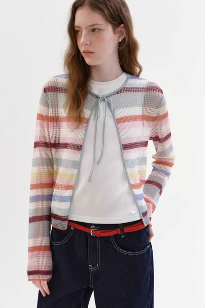 Color-Blocked Striped Knit Cardigan