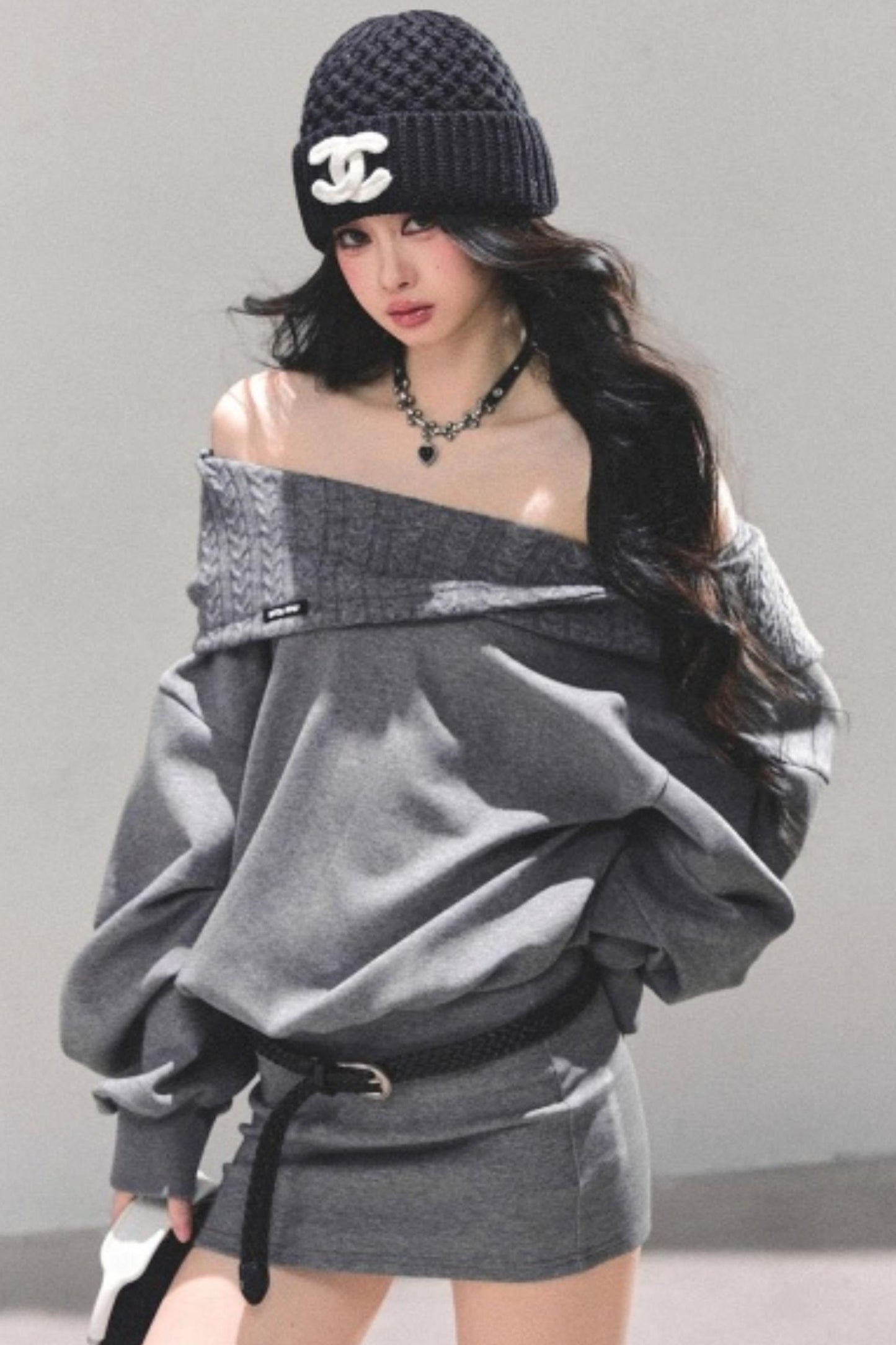 One Shoulder Grayscale Sweatshirt Dress