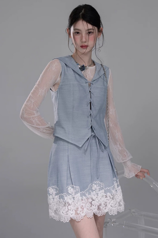 Color-Block Lace Vest Set