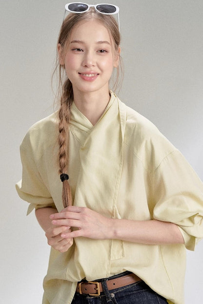 Yellow Lace-up Stand Collar Shirt