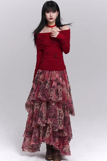 Red Floral Tiered Skirt