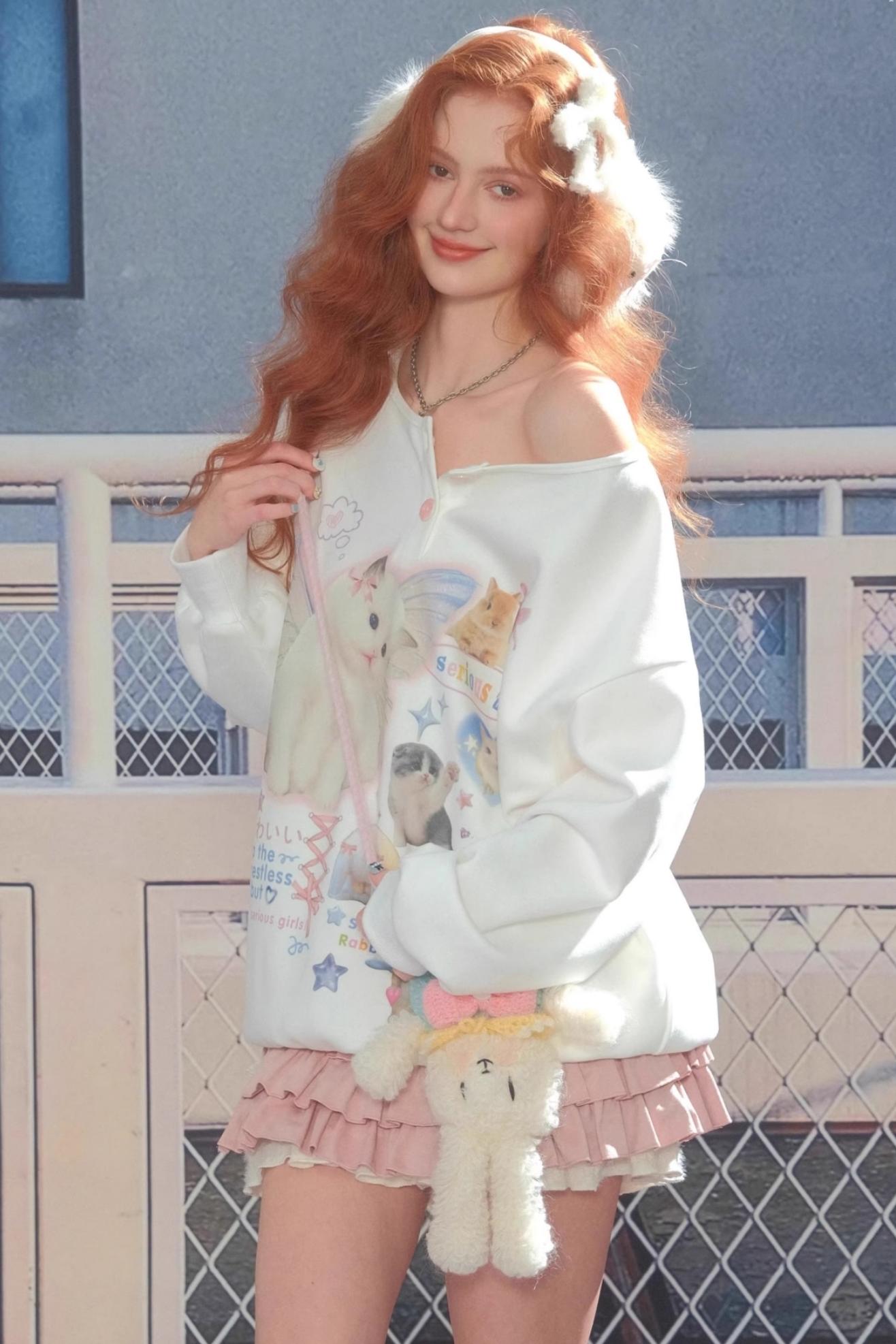 Cat Print Round Neck Sweatshirt