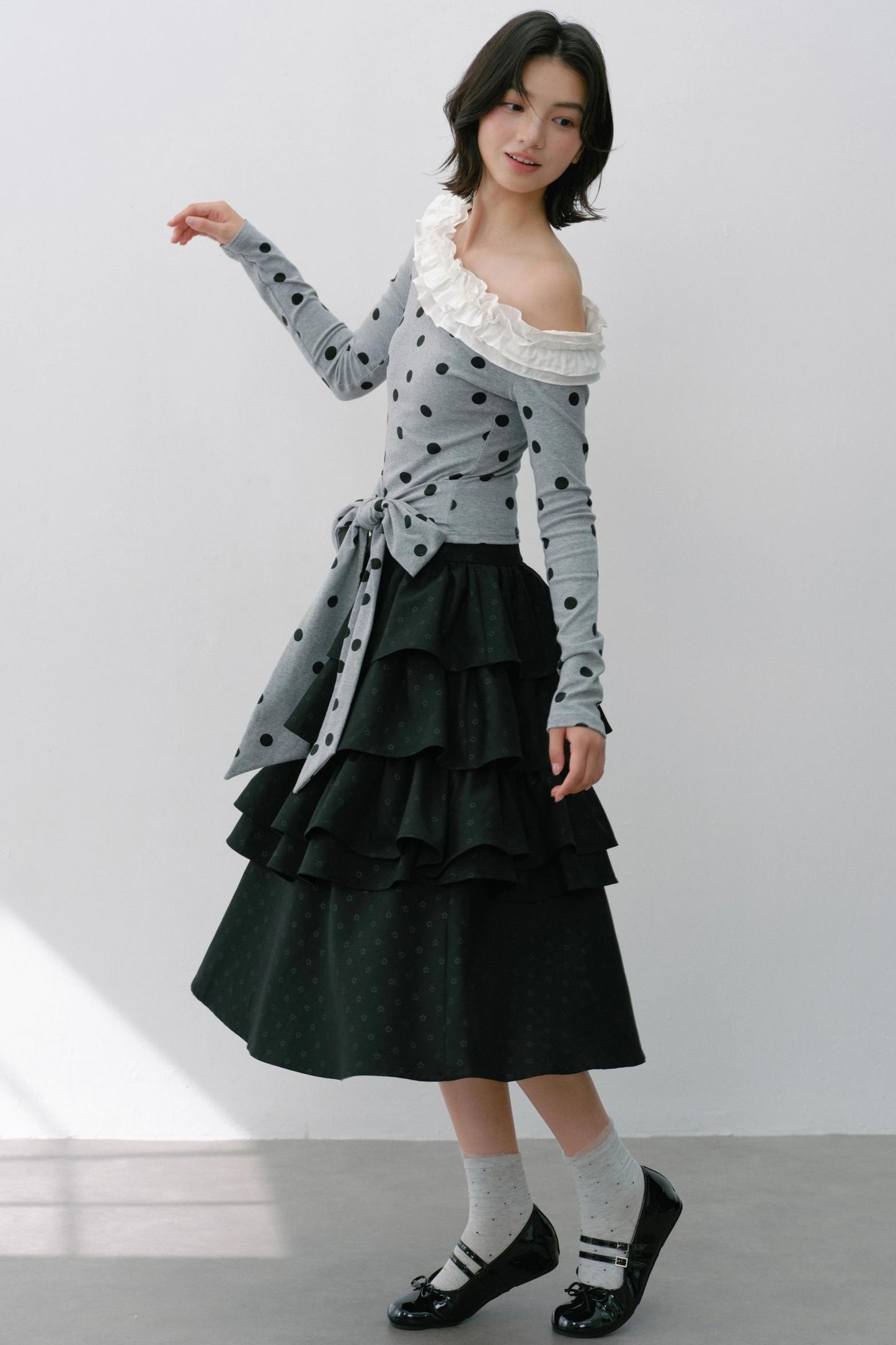 Sweet Slanted Shoulder Long-sleeved T-shirt