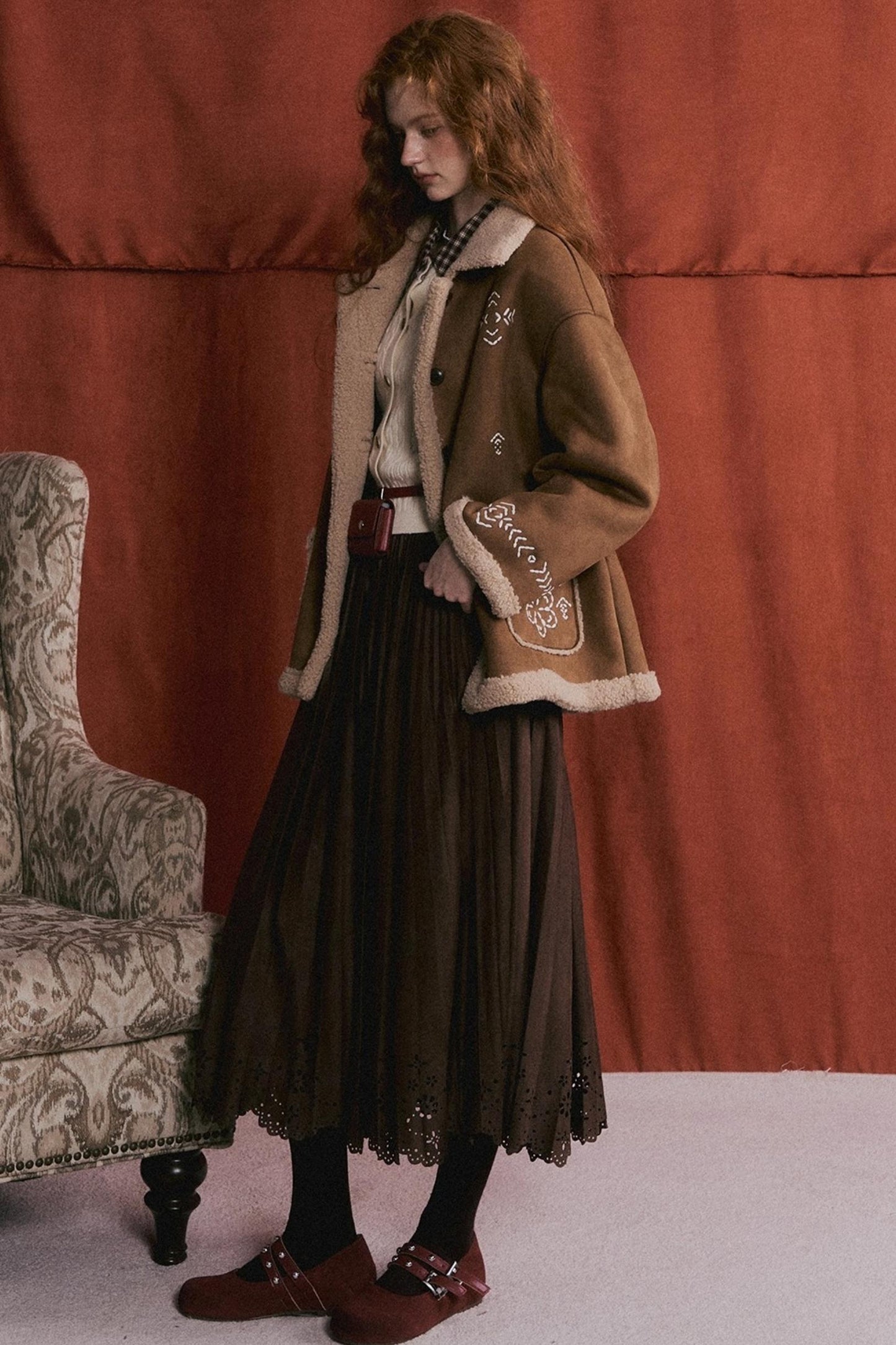 Embroidered Shearling Wool Jacket Set-Up