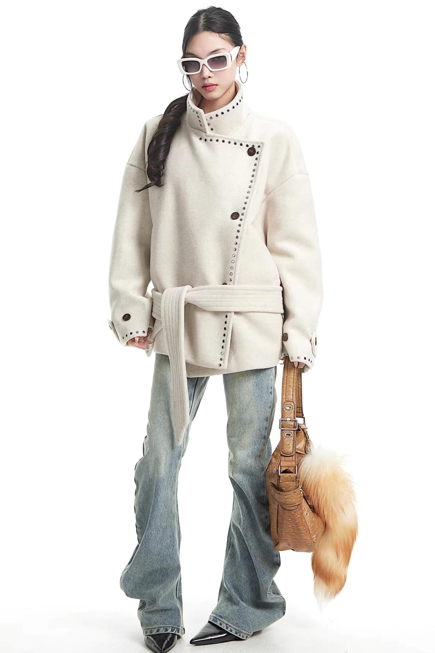 Off-White Woolen Stand-Up Collar Coat