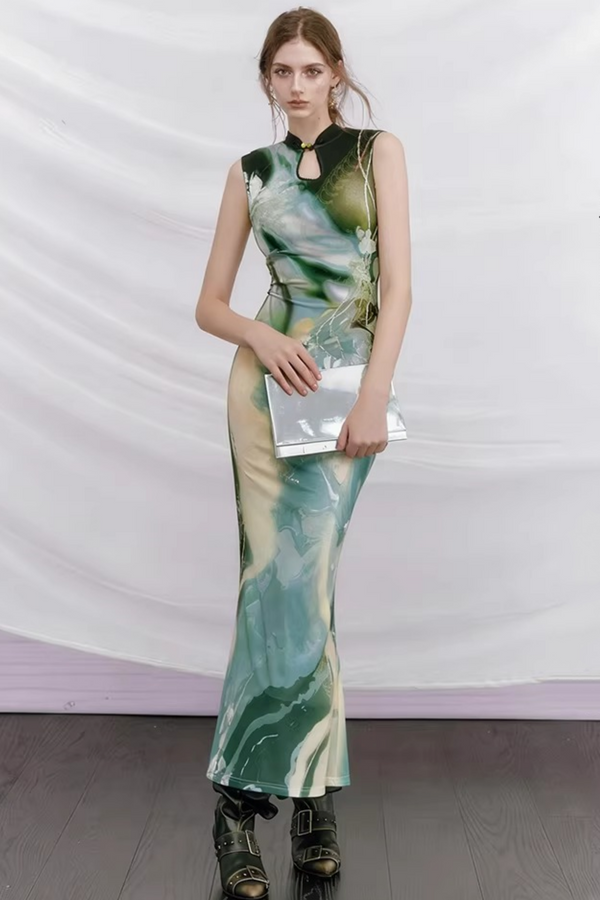 Black Rose Impressionist Cheongsam Dress