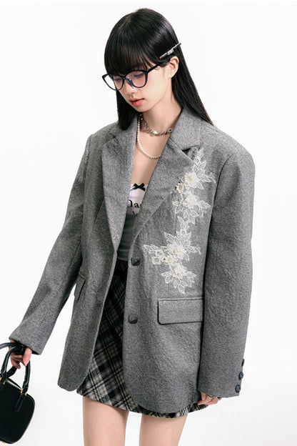 Gray Embossed Rose Blazer
