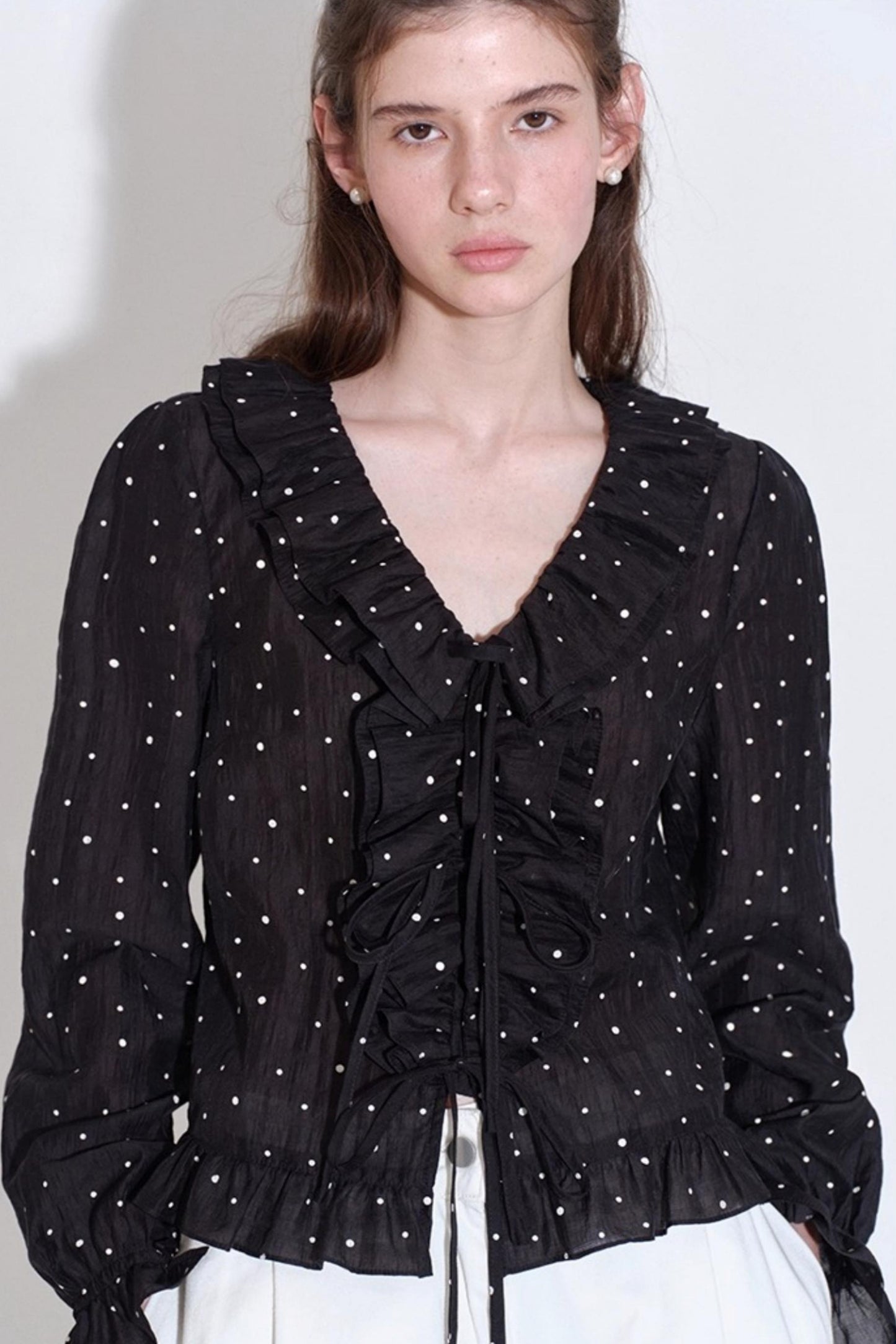 Romantic Ruffled Polka Dot V-Neck Blouse