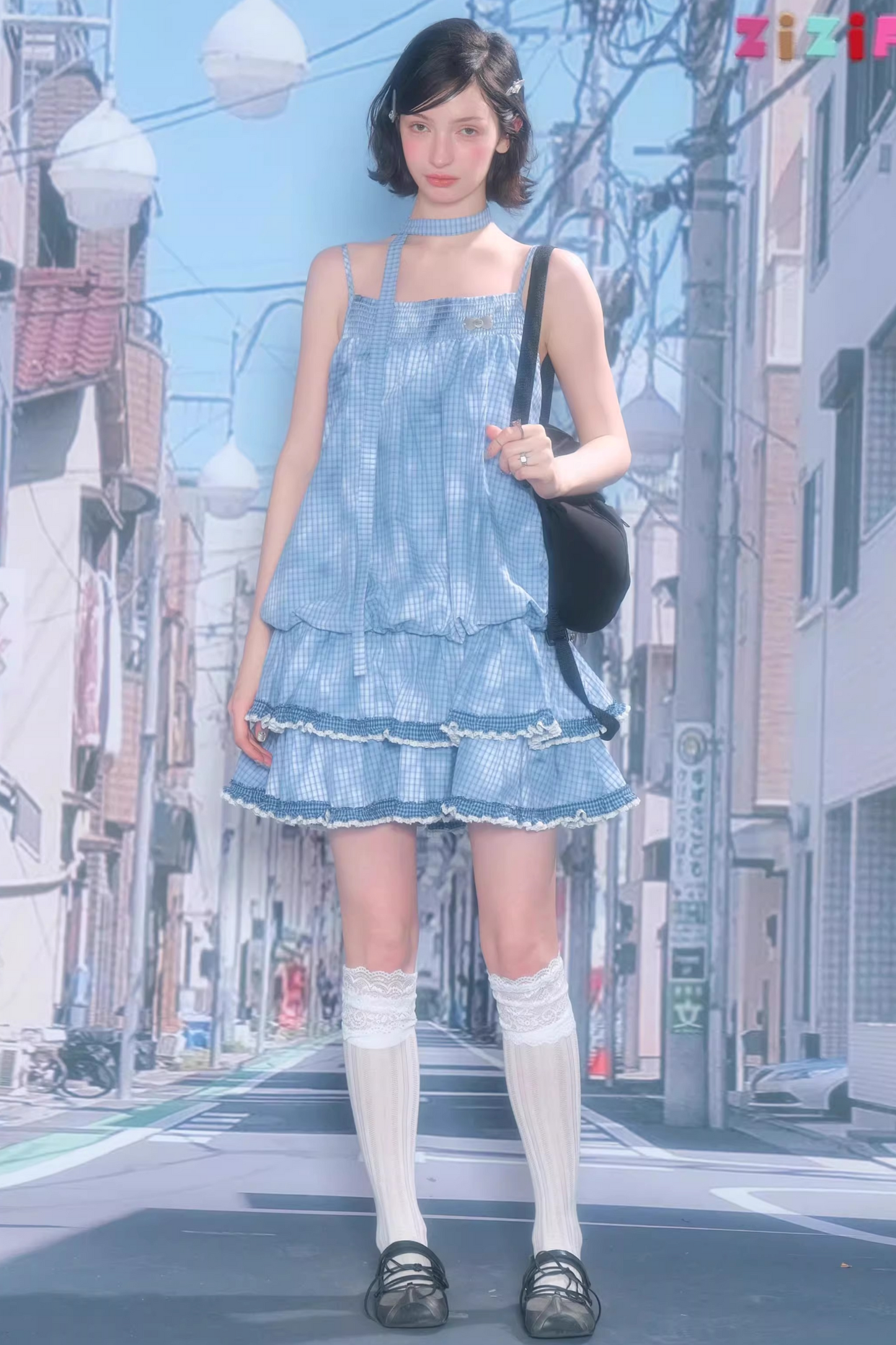 Summer Blue Plaid Lace Dress