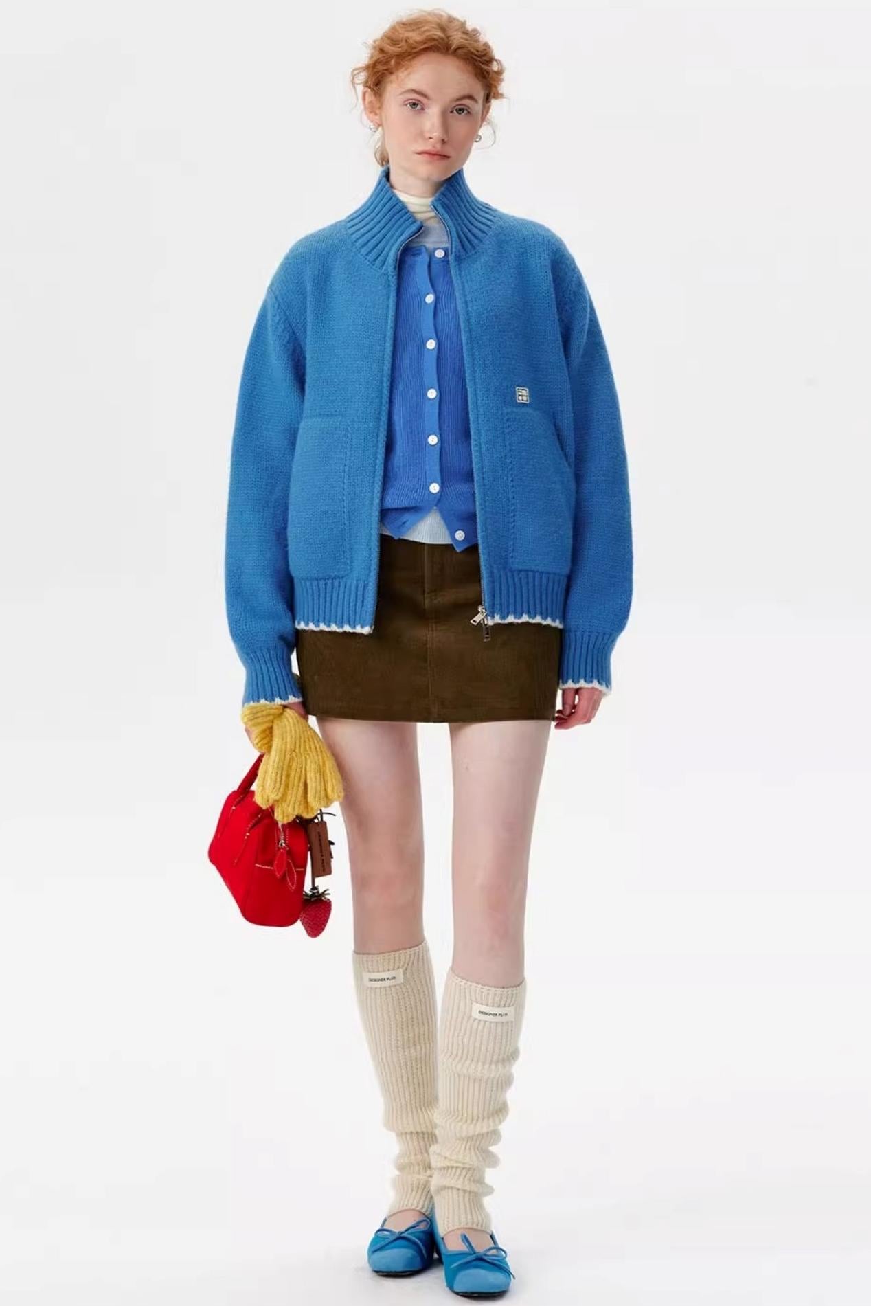 Candy-Colored Double-Zip Knitted Jacket