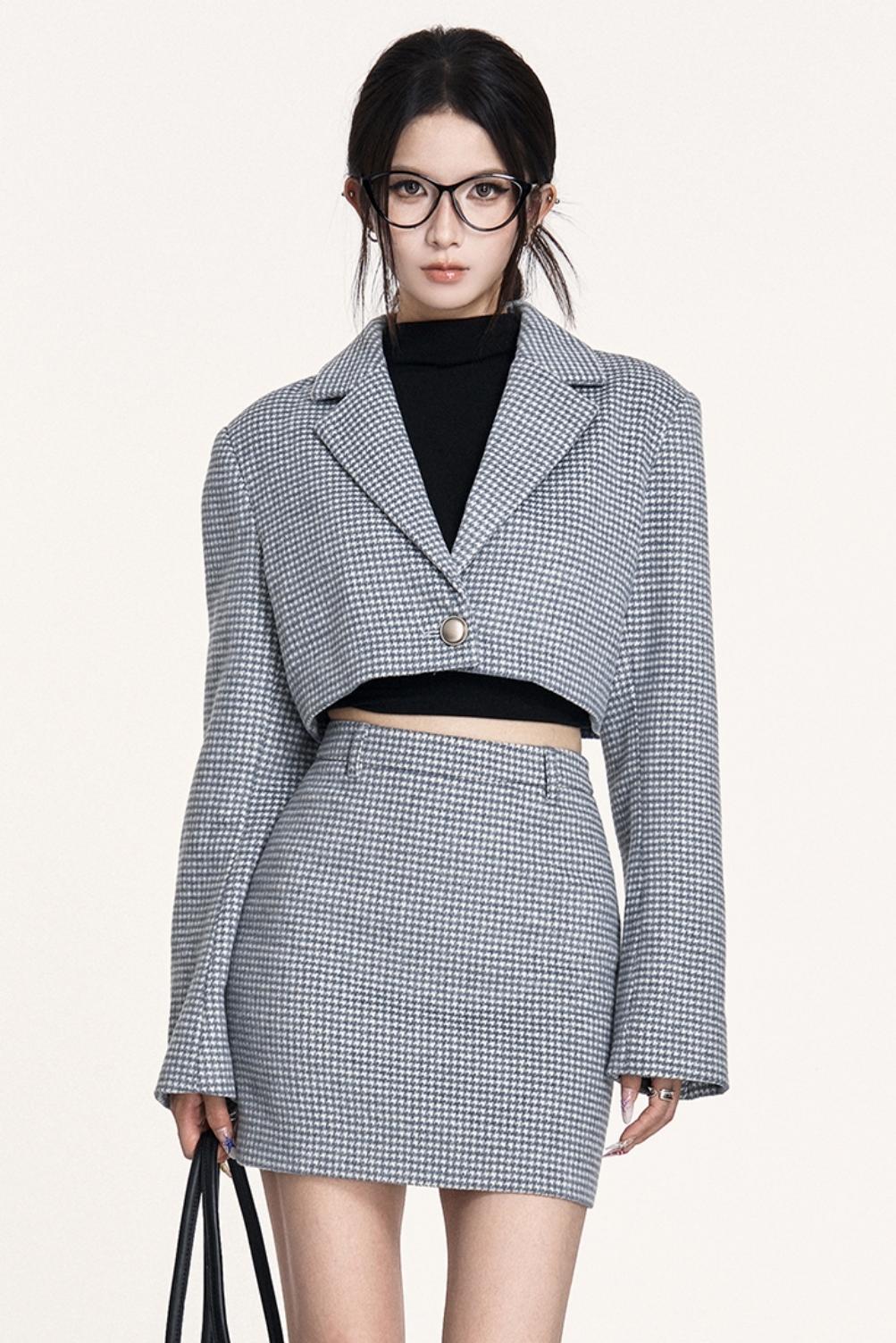 Linen Houndstooth Wool Coat Skirt Set-Up