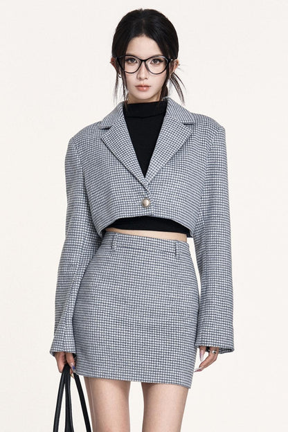Linen Houndstooth Wool Coat Skirt Set-Up