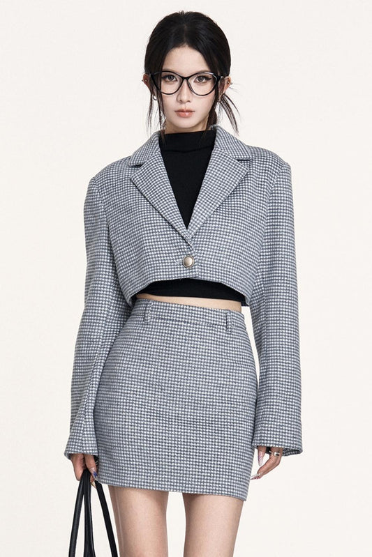 Linen Houndstooth Wool Coat Skirt Set-Up