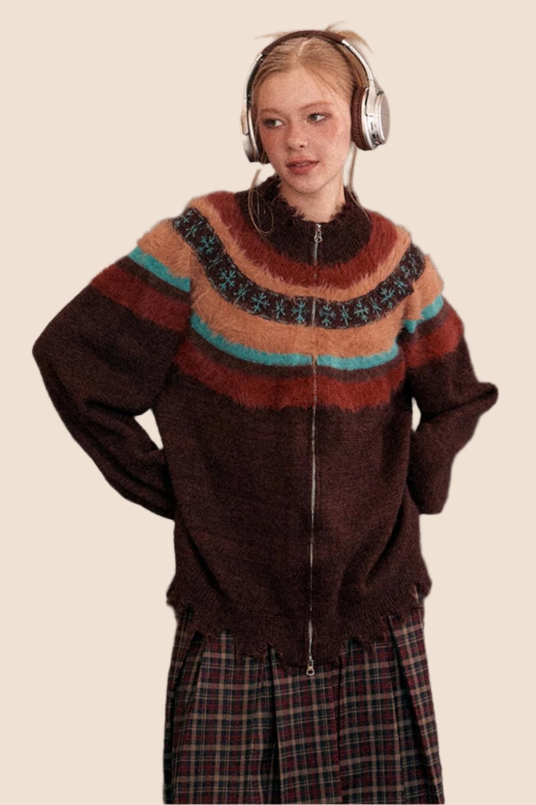 EZEK's stimmungsvoller amerikanischer Retro-Lazy-Stil Nähte kontrastierende Pullover Damen Frühjahr und Herbst Reißverschluss Strickjacke Jacke