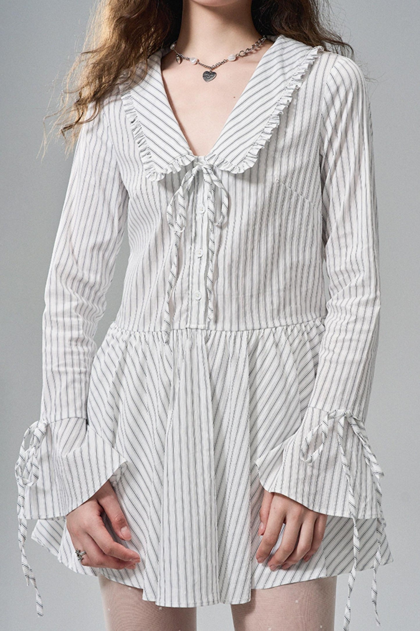 Striped Lace Bow Tie Long Sleeve Dress