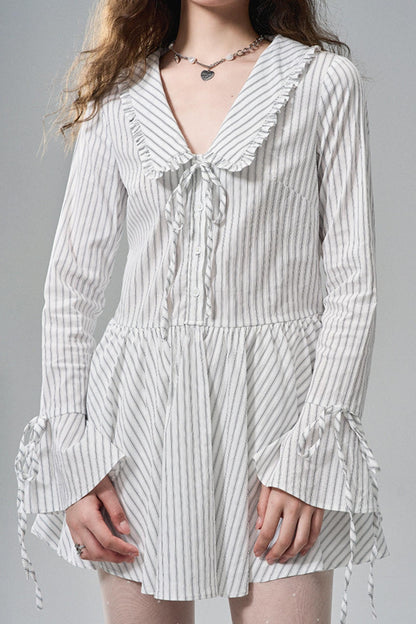 Striped Lace Bow Tie Long Sleeve Dress