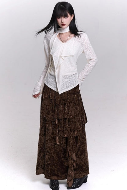 Velvet Irregular Hem Long Skirt
