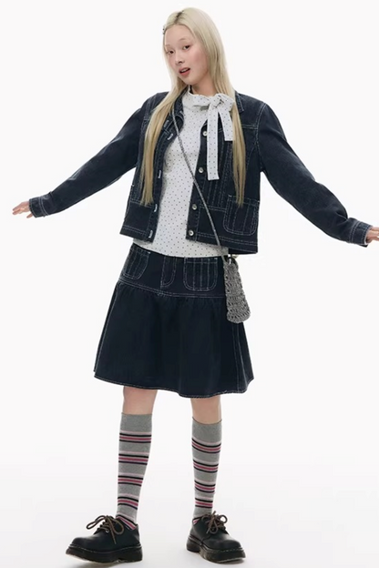 Pleated Denim A-Line Skirt