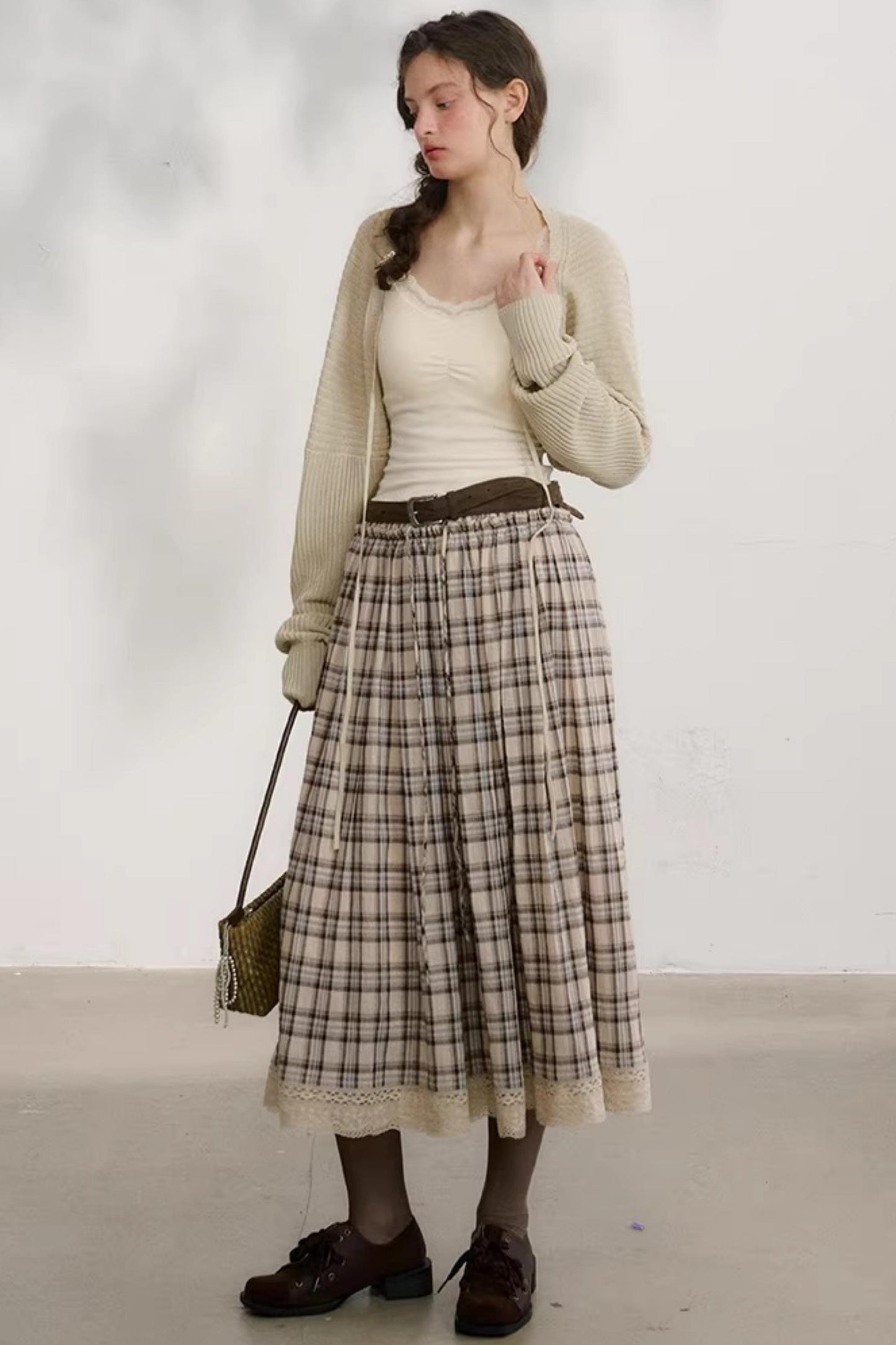 Cotton Lace Plaid Skirt
