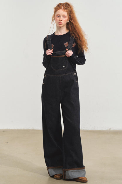 Dark Blue Denim Cuffed Overalls Pants