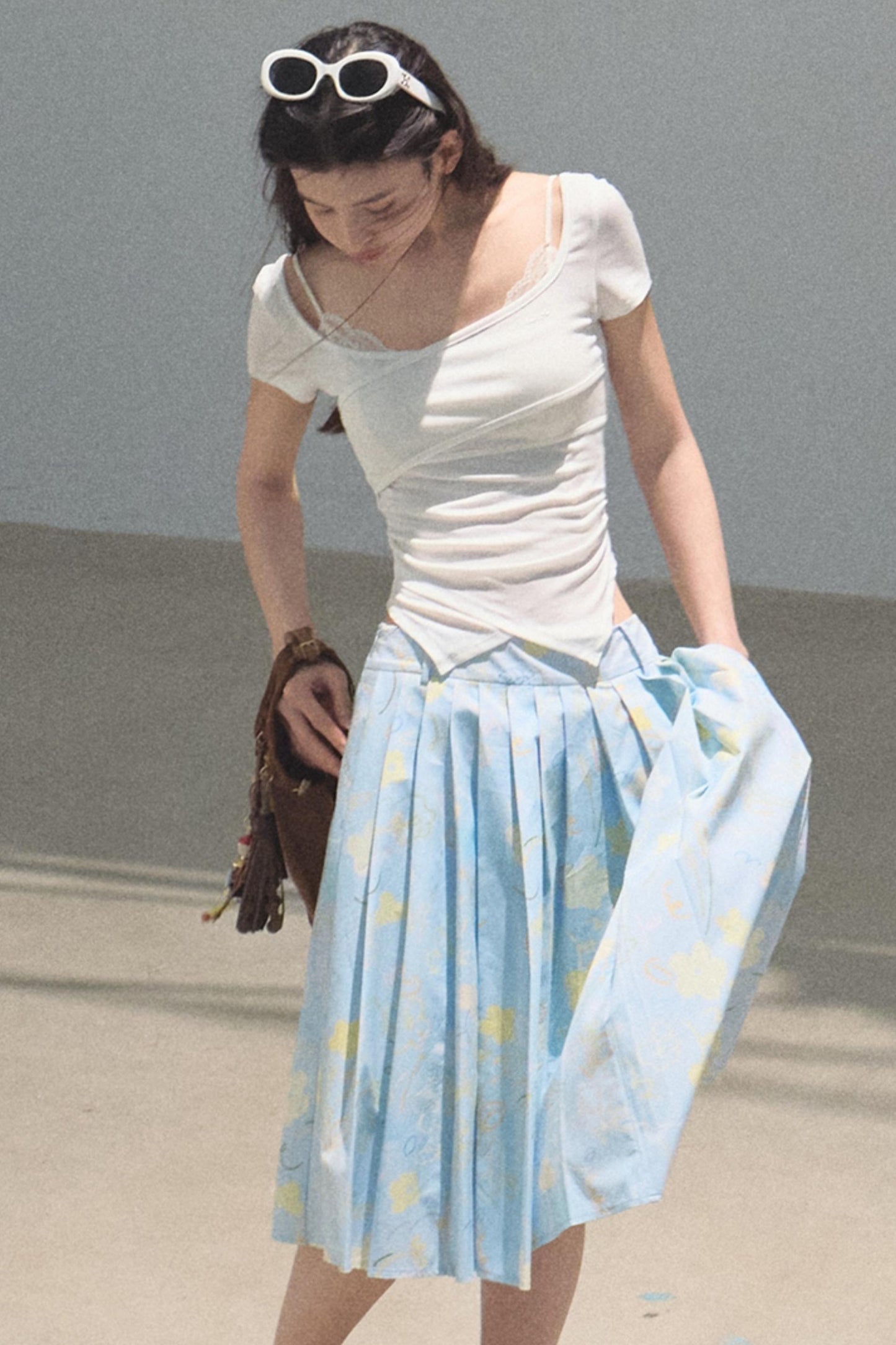 Running Waves Cotton Poplin Pleated Midi Skirt