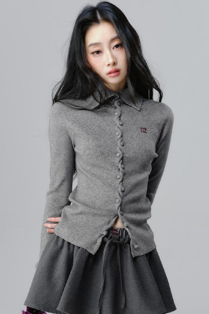 Gray Polo Neck Knitted Top