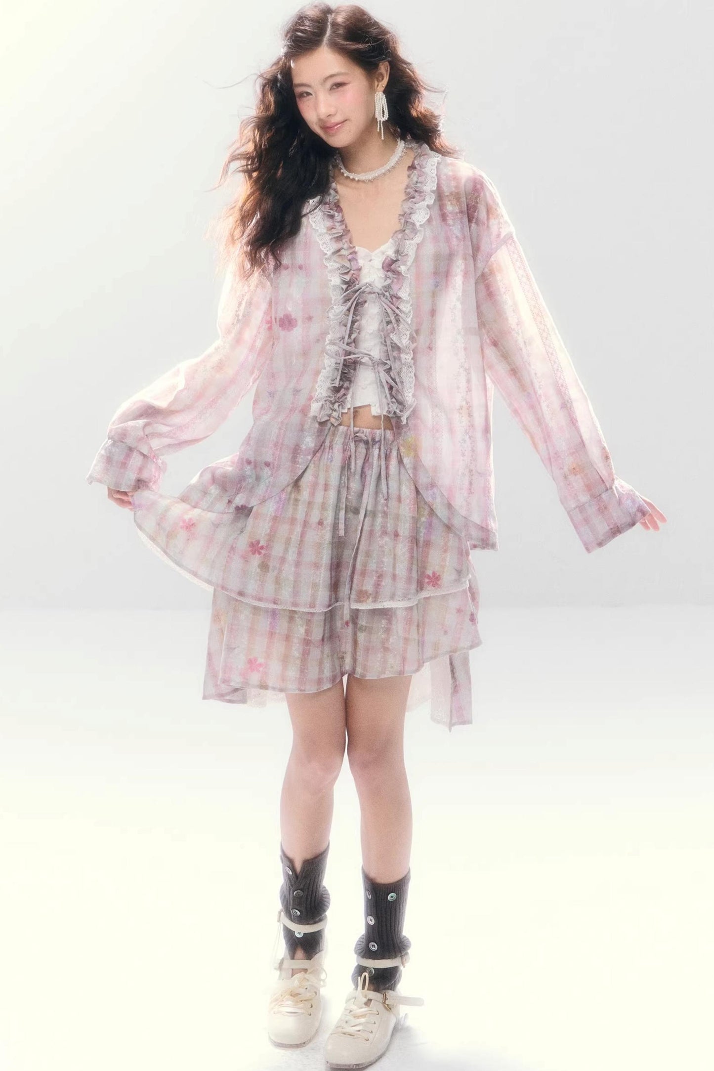 Lace-Tie Cotton Cardigan Matching Set