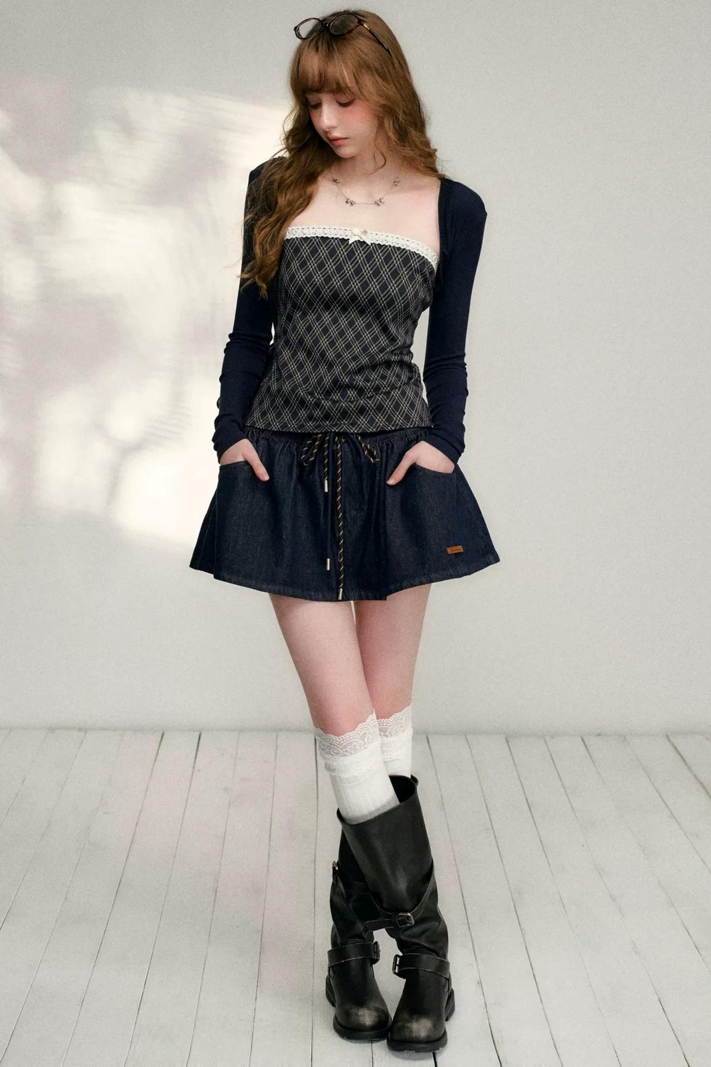 Lace Plaid Patchwork T-Shirt