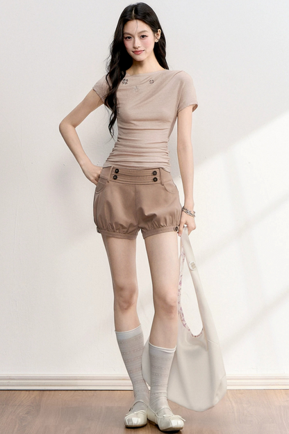 펀칭 자수 프릴 소매 상의