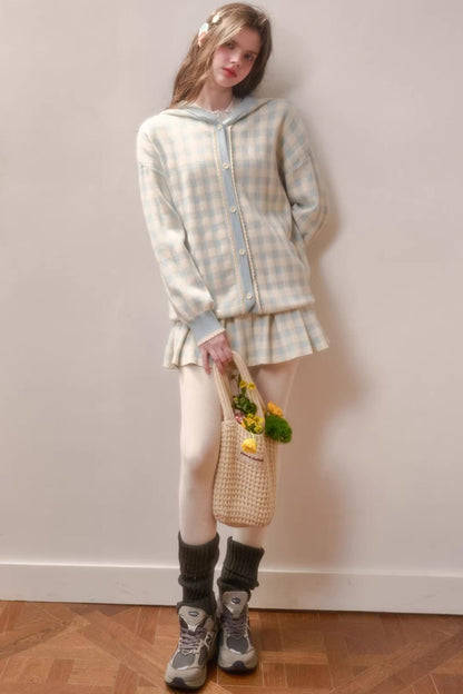 Comfortable Blue Plaid Pleated Jacket Set-Up