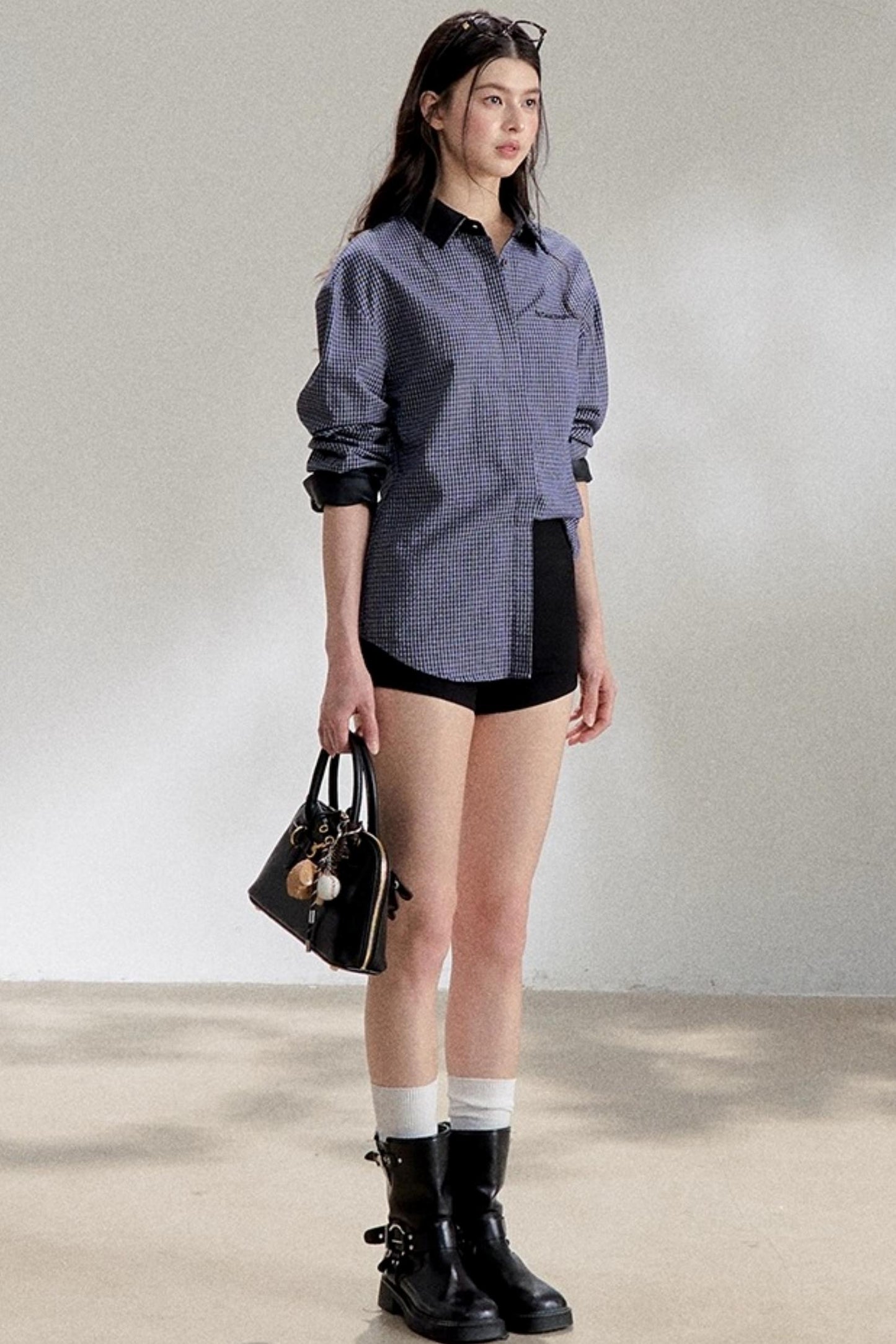 Navy Blue PU Leather Plaid Shirt