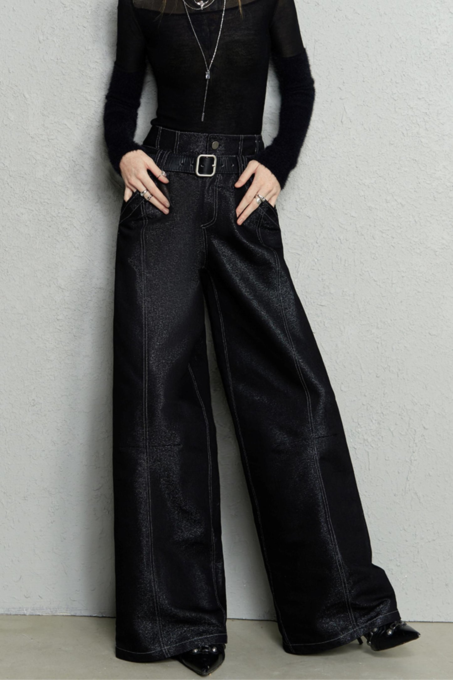 Double-Waisted Glitter Denim Pants