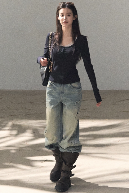 Laser Embroidery Distressed Jeans