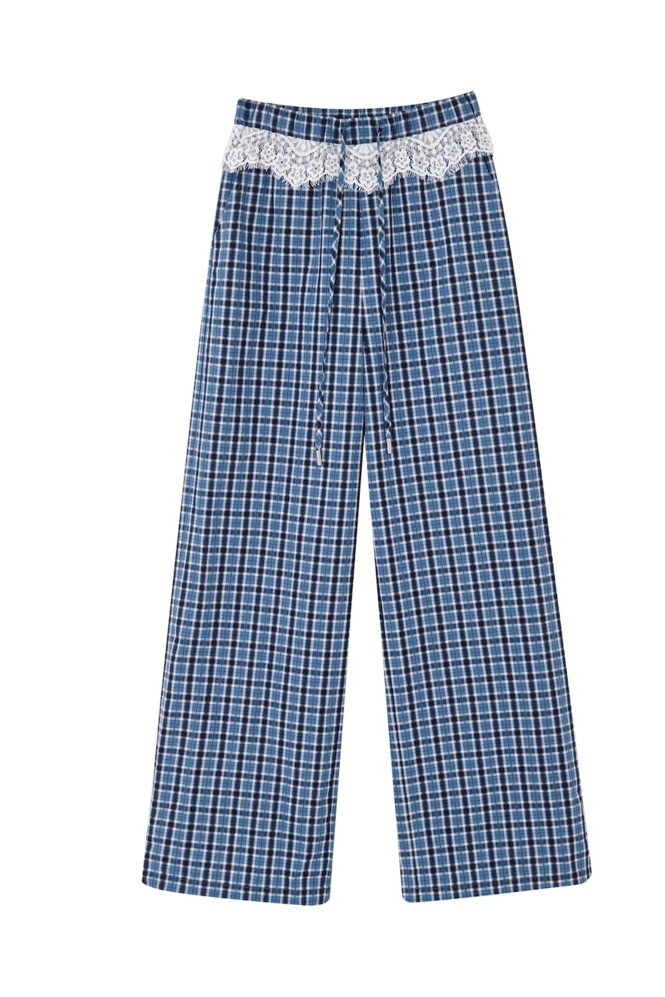 Blue Lace-Trimmed Plaid Wide-Leg Pants